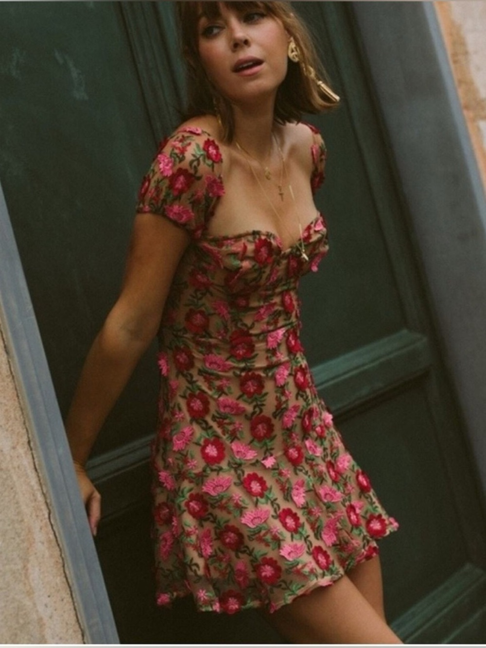For Love & Lemons 3D Floral Embroidered Mesh Mini Dress - XS